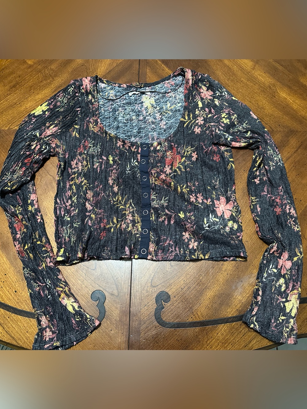 We The Free Black Floral Long Sleeve Top with Multicolor Blooms